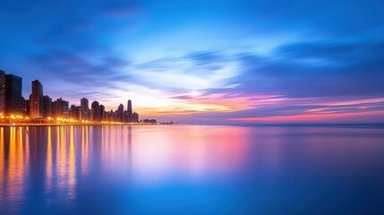 Naklejka premium A serene sunset over a tranquil sea, with a skyline reflecting vibrant colors against a calm water surface.