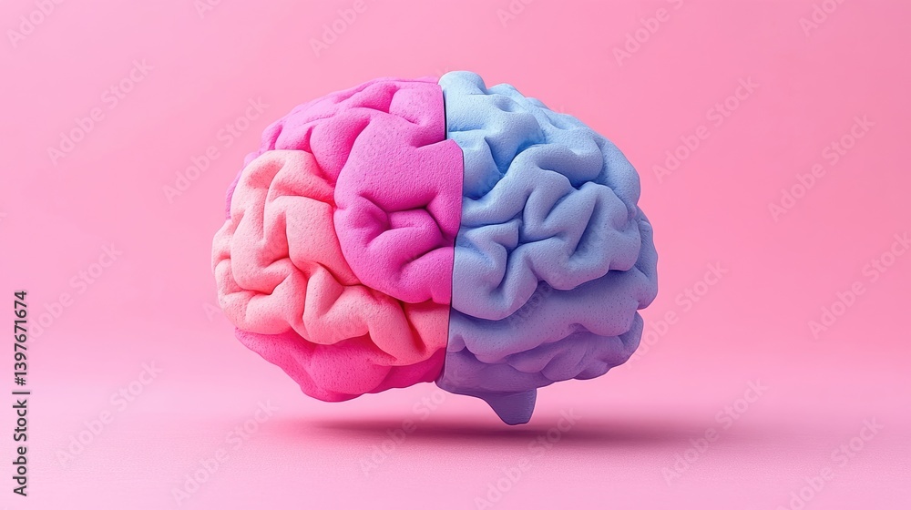 Poster a brain model displayed on a pink surface with a pink and blue color scheme