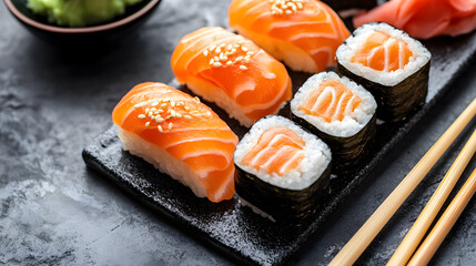Assorted Nigiri Sushi with Salmon and Chopsticks