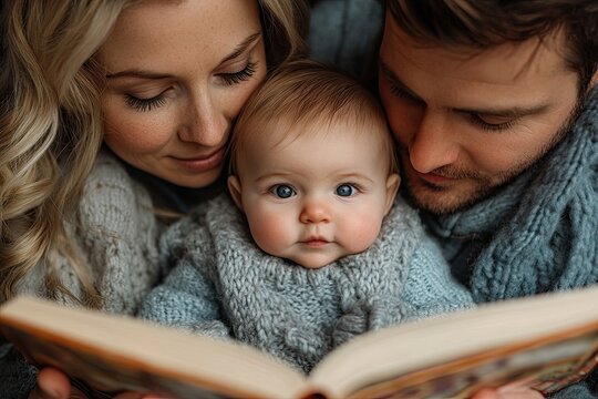 Family reading together. Baby is centered between mother and father while reading a book