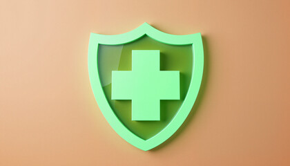 Obraz premium Glowing green medical cross inside a rounded shield emblem placed on a smooth pastel surface