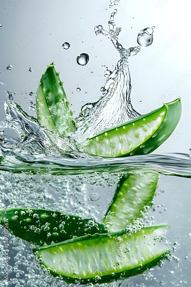 Poster fresh cucumber slices splashing in clear water with dynamic water drops and bubbles creating energet