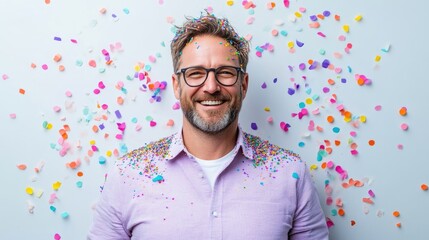 Happy man showered with confetti