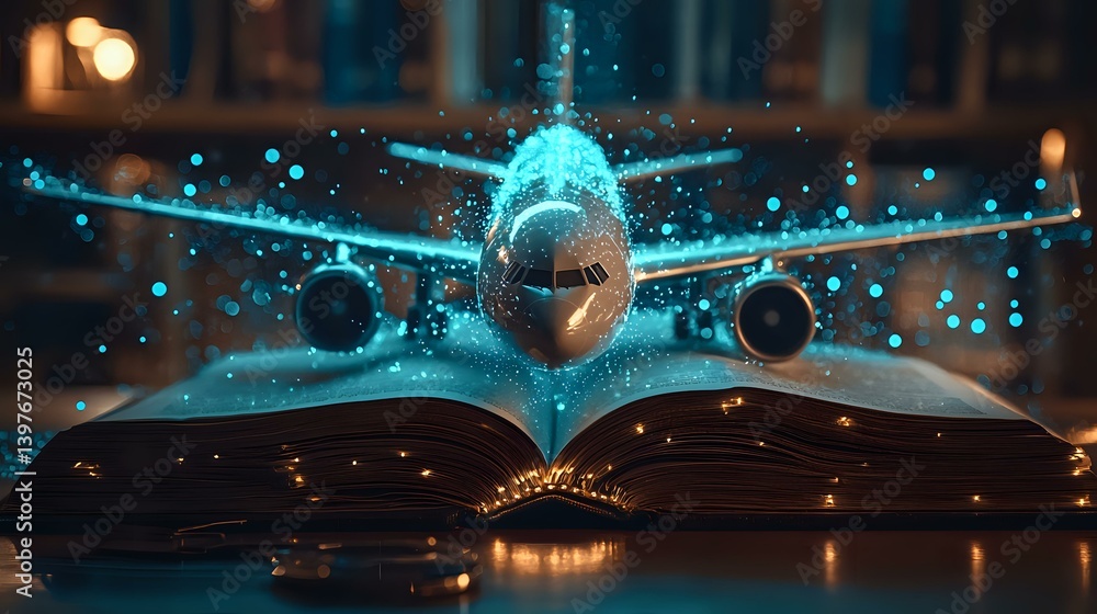 Poster magical glowing airplane emerging from open book pages with sparkles and light effects in dark atmos
