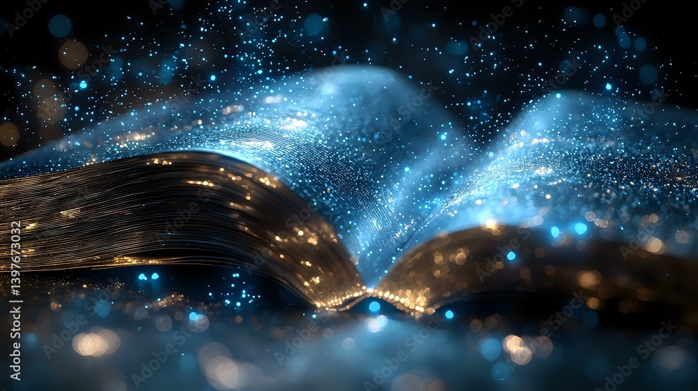 Aufkleber magical open book with glowing blue light and sparkles emerging from pages against dark background, 