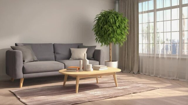 Helles gem&uuml;tliches Wohnzimmer mit modernem Sofa und Holztisch

