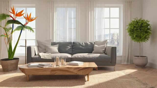 Helles gem&uuml;tliches Wohnzimmer mit modernem Sofa und Holztisch


