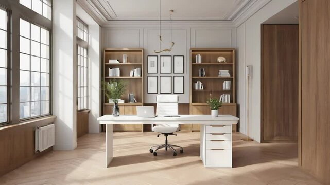 Modernes helles B&uuml;ro mit Pflanzen und gro&szlig;en Fenstern

