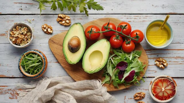 Frische gesunde Lebensmittel auf rustikalem Holztisch

