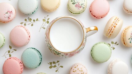 Obraz premium Overhead shot of macarons and a floral teacup filled with milk on a white surface with leaves