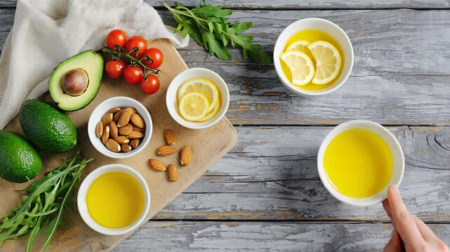 Frische gesunde Lebensmittel auf rustikalem Holztisch

