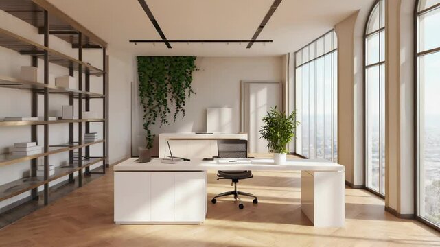 Modernes helles B&uuml;ro mit Pflanzen und gro&szlig;en Fenstern

