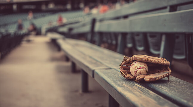 Close-up of a baseball inside a leather glove on a bench in an empty stadium, with blurred background