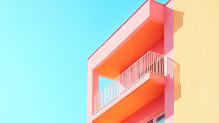 Obraz premium Low angle view of a building with balconies against a bright blue sky on a sunny day in summer