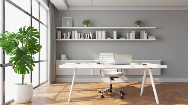 Modernes helles B&uuml;ro mit Pflanzen und gro&szlig;en Fenstern


