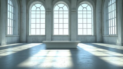 A spacious minimalist room with a large soaking tub inside