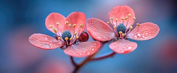 Two delicate, pink flowers with water droplets sit against a blurred, blue background