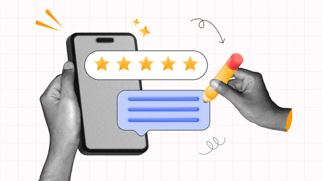 halftone collage, Customer feedback with smartphone, star rating, and review writing. SEO, user experience, testimonials, and visual reputation management