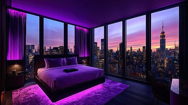 Purple-lit bedroom with city skyline view at sunset