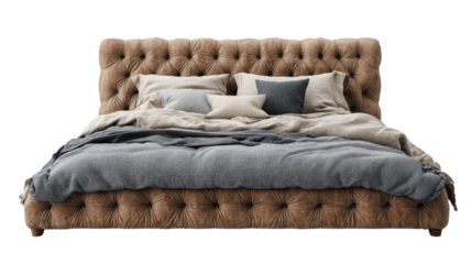 Elegant Bedroom Oasis: A luxurious bed adorned with a button-tufted headboard, inviting linens, and plush pillows, creating an ambiance of comfort and sophistication.