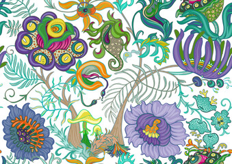 Fantasy, alien hypnotic flowers, decorative flowers and leaves. Cartoon style. Millefleurs trendy floral design. Seamless pattern, background. Outline hand drawing vector illustration.