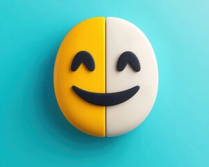 Fototapeta premium smiling depression smiling face silence concept. Happy face emoji divided in two colors on a blue background.