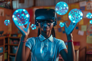 Black school student with VR headset using AI artificial intelligence technology & machine learning. Interactive technology in classroom. Innovation & smart tech. AI blue hologram in education	
