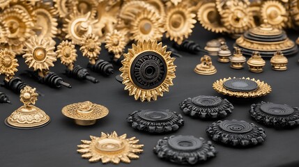 Elaborate golden and black objects displayed on a dark surface