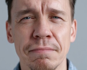 Obraz premium smiling depression smiling face silence concept. A close-up of a man with a serious expression and visible skin texture.