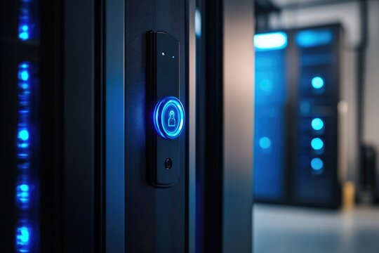 Illuminated control panel with blue accents in modern data cente