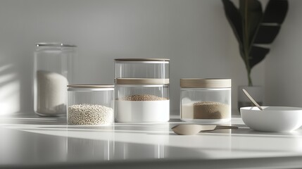 A modern kitchen countertop featuring elegant glass jars filled with various grains and spices alongside a small white bowl and wooden spoon, enhanced by soft natural light and minimalistic decor