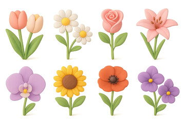 3D vector icons of spring flowers: Tulips, Daisies, Roses, Lilies, Orchids, Sunflowers, Poppies, Violets. Soft pastel colors with smooth shading