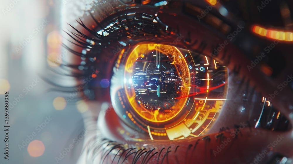 Poster cybernetic eye with floating ai interface, detailed retinal scan graphics