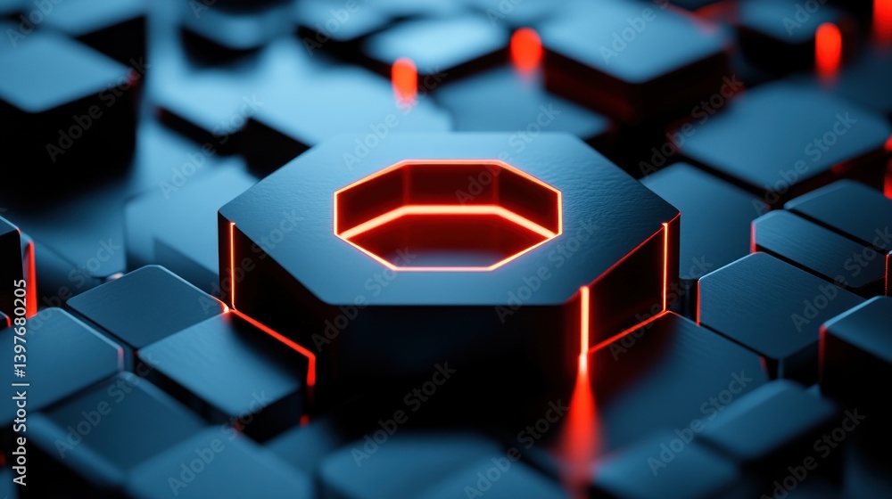 Poster a futuristic hexagonal structure with glowing neon red lighting effects
