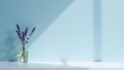 Lavender Sprigs In Glass Vase Against Pastel Blue Wall With Sunlight
