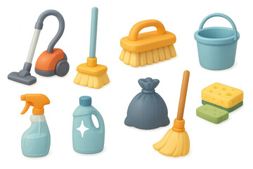 3D vector icons of spring cleaning: Vacuum, Mop, Scrub brush, Bucket, Glass cleaner, Trash bag, Broom, Sponges. Clean and fresh 3D design with soft shading