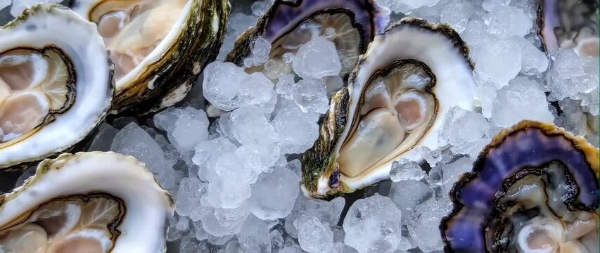 Anamorphic video of Close up fresh oysters on crushed ice