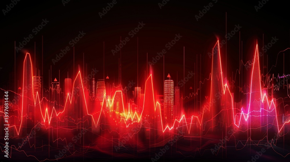 Poster led-style financial graph with sharp peaks overlaying urban skyline