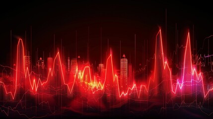 LED-style financial graph with sharp peaks overlaying urban skyline