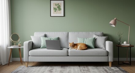 A serene living room scene with a light gray sofa placed against a sage green wall