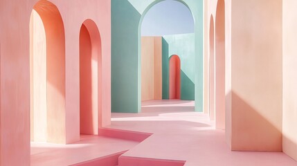 Pastel architecture featuring arches and corridors in a dreamlike surreal environment with soft lighting