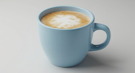 Obraz premium Photorealistic 3D render of a light blue ceramic mug with creamy coffee, showcasing elegant simplicity