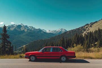 A red sedan parked on a scenic roadside with a backdrop of green forests