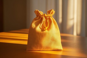 Fabric pouch with drawstring and warm lighting with negative space for branding