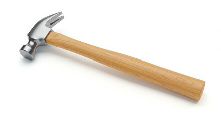 A realistic hammer with a smooth wooden handle and polished steel head showcased in high-detail product photography
