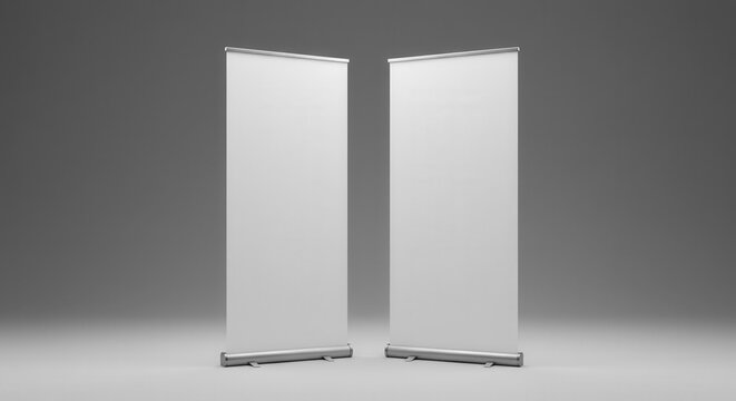 Two blank white roll-up pop-up pull-up stand banners, poster mockup template isolated on clean neutral grey studio set backdrop, advert, promo, marketing, trade show expo, presentation, workshop event