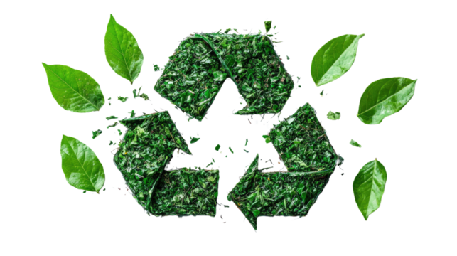 Eco-Friendly Emblem: The image presents a revitalizing message with a verdant recycle symbol surrounded by lush leaves, a symbol of environmental consciousness and renewal.