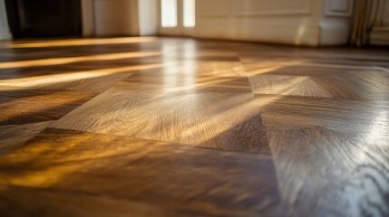 Fototapeta premium Elegant herringbone pattern floor in a sunlit room evokes warmth and style