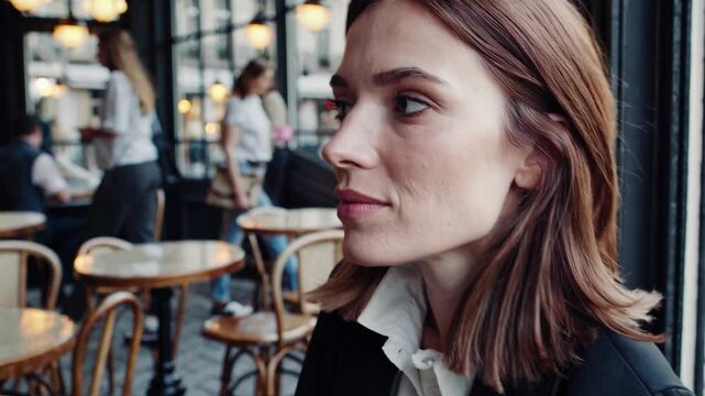 Professional businesswoman sitting in parisian cafe, quietly observing street scene with contemplative gaze, surrounded by urban ambiance and soft background blur