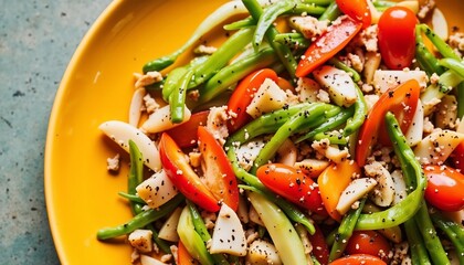 Delicious Salad Of Green Beans Tomatoes And White Vegetables On A Yellow Plate